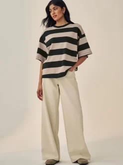 Next - T-shirt oversize décontracté boxy épais à col ras du cou Pierre Neutre Rayure Outlet