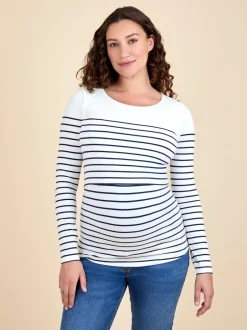 Jojo Maman Bébé rayé bleu marine et écru - Haut de grossesse et d’allaitement rayé à manches longues Clearance