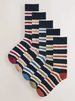 Next Rayé bleu/écru - Lot de 5 paires de chaussettes confortables à semelle rembourrée Best