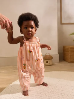 Next Rayé orange/blanc - Salopette tissée 100% coton bébé (0mois-3ans)