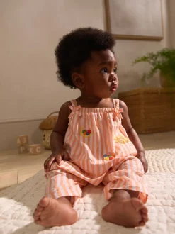 Next Rayé orange/blanc - Salopette tissée 100% coton bébé (0mois-3ans)