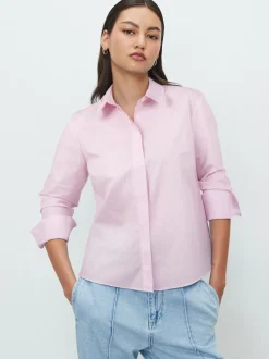 Next - Chemise extensible ajustée Essential à manches longues Rayé rose/blanc Hot