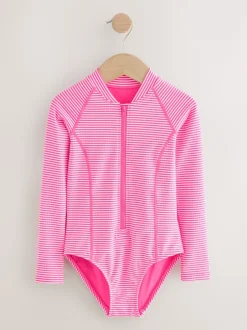 Next Rayé rose/blanc - Maillot de bain à Texture Manches longues (3-16ans) New