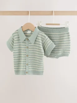 Next Rayé vert sauge - Ensemble haut et short en maille bébé (0mois-2ans) New