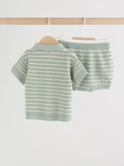 Next Rayé vert sauge - Ensemble haut et short en maille bébé (0mois-2ans) New