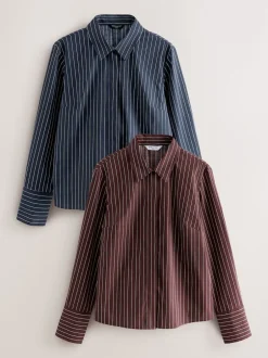Next Rayure bleu marine/bordeaux - Lot de 2 chemises ajustées extensibles indispensables à manches longues Online