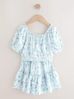 Next Rayure Ditsy Bleue - Ensemble chemisier et jupe à manches bouffantes (3-16ans) New