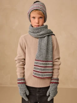 Next - Ensemble chapeau, écharpe et gants 3 pièces (3-16ans) Rayure grise/Rouge Hot
