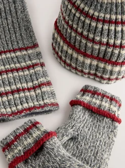 Next - Ensemble chapeau, écharpe et gants 3 pièces (3-16ans) Rayure grise/Rouge Hot