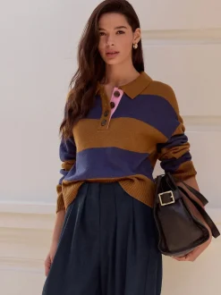 Next Rayure marron/bleu camel - 100% laine N.Premium Polo Pull Discount