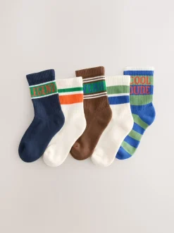 Next Rayures à slogan écru/marron - Semelle intérieure coussinée Chaussettes côtelées en coton riche 5 Pack Outlet