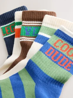 Next Rayures à slogan écru/marron - Semelle intérieure coussinée Chaussettes côtelées en coton riche 5 Pack Outlet