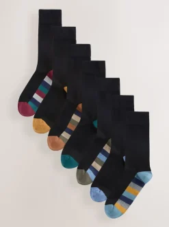 Next - Lot de 7 - Chaussettes riches en coton pour homme Rayures rugby noires Sale