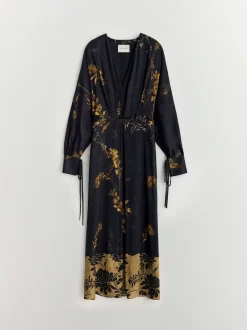 BHOEM Robe Mi-longue Satin Fleuri Imprimé Noir Kimono