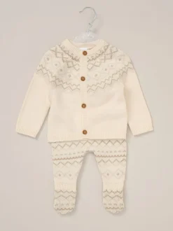 Rock-A-Bye Baby Boutique Ensemble Cardigans blanc et Pantalons à pieds en maille à Motif Fair Isle Hot