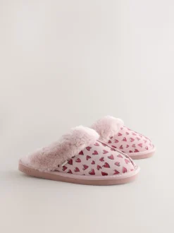 Next Rose - Chaussons mules en daim doublés de fausse fourrure cœur Outlet