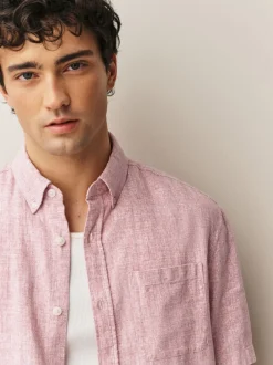 Next Rose - Col Classique - Chemise à manches courtes en lin et coton mélangés