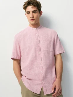 Next Rose - Col grand-père. - Chemise à manches courtes en lin et coton mélangés Hot