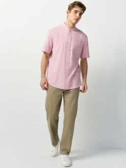 Next Rose - Col grand-père. - Chemise à manches courtes en lin et coton mélangés Hot