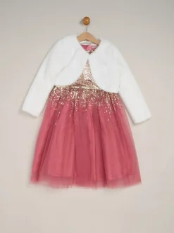 Miss Rose - Ensemble robe Waterfall à sequins et boléro en fausse fourrure Sale