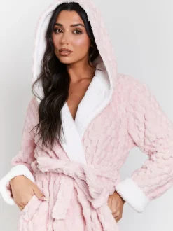 Loungeable Rose - Robe de chambre maxi à capuche en polaire de luxe géométrique Discount