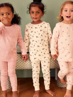 Next Rose/ Blanc Ditsy - Pyjama Rib Se blottir 3 Pack (9mois-12ans) Discount