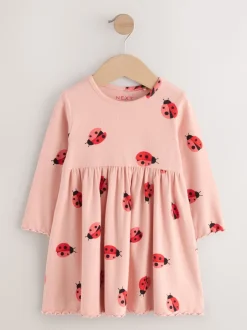 Next - Robe côtelée à manches longues (3mois-7ans) Rose motif coccinelles Clearance