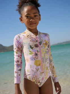 Next - Maillot de bain Sunsafe à manches longues (3mois-16ans) Rose patchwork Fleuri