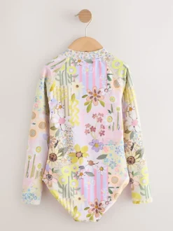 Next - Maillot de bain Sunsafe à manches longues (3mois-16ans) Rose patchwork Fleuri