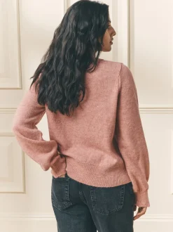 Laura Ashley Rose poudré - Cardigan boutonné pointelle et festoncles avec une touche de laine Outlet