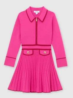 Reiss Rose vif - Robe Anne plissée en maille à liserés Online