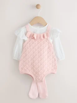 Next Rose/Blanc - Ensemble 3 pièces Bébé avec barboteuse et salopettes en maille et collants (0mois -2ans) Sale