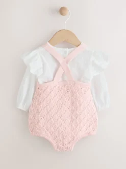 Next Rose/Blanc - Ensemble 3 pièces Bébé avec barboteuse et salopettes en maille et collants (0mois -2ans) Sale