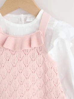 Next Rose/Blanc - Ensemble 3 pièces Bébé avec barboteuse et salopettes en maille et collants (0mois -2ans) Sale