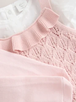 Next Rose/Blanc - Ensemble 3 pièces Bébé avec barboteuse et salopettes en maille et collants (0mois -2ans) Sale