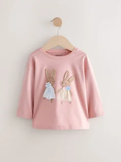 Next Rose/Blanc - Lot de 4 T-shirts à manches longues broderie lapin (3mois-7ans) Outlet