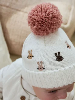 Next Rose/Crème - Chapeau brodé en maille à pompons Character lapin (0mois-2ans)