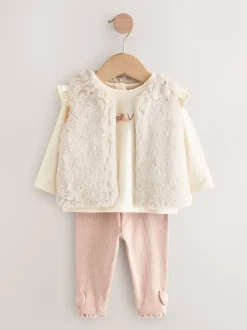 Next Rose/Crème - Ensemble 3 pièces pour veste, haut et legging en fourrure bébé (0mois-2ans) Sale