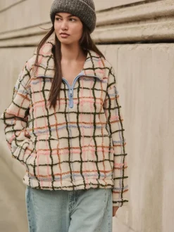 Next - Polaire douce en polaire en peau de mouton à col zippé Rose/écru à carreaux Best