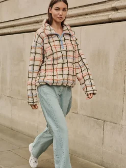 Next - Polaire douce en polaire en peau de mouton à col zippé Rose/écru à carreaux Best