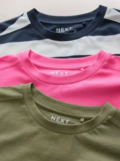 Next Rose/Kaki/Rayure - Lot 3 t-shirts col ras du cou 100% coton longueur coude Outlet