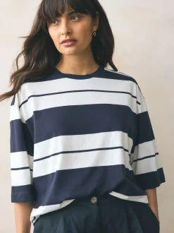 Next Rose/Kaki/Rayure - Lot 3 t-shirts col ras du cou 100% coton longueur coude Outlet