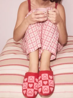 Next Rose/rouge - Chaussons cœur à carreaux Mule Borg New