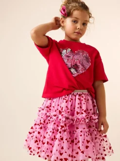 Next Rose/rouge motif cœurs - Jupe en maille à enfiler (3-16ans) Clearance