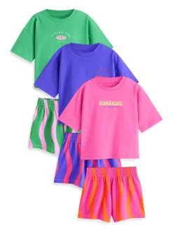 Next Rose/vert imprimé ondulé vif - Pyjama court 3 Pack (3-16ans) Clearance