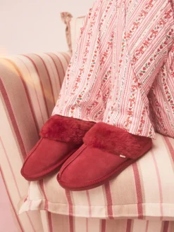 Next - Chaussons mules en daim doublés de fausse fourrure Rouge