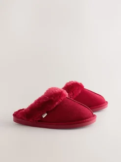 Next - Chaussons mules en daim doublés de fausse fourrure Rouge