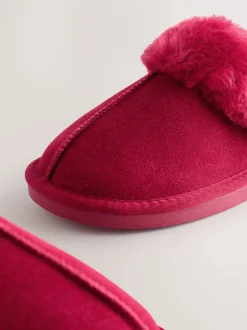 Next - Chaussons mules en daim doublés de fausse fourrure Rouge