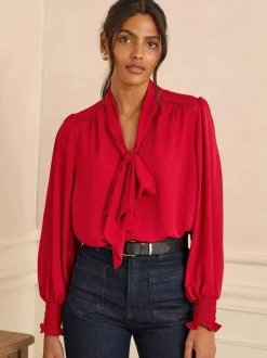 Love & Roses Rouge - Chemisier manches longues à nœud lavallière