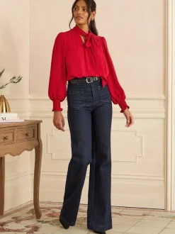 Love & Roses Rouge - Chemisier manches longues à nœud lavallière